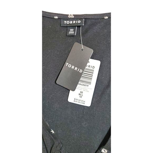 Torrid Short Sleeve Top Sz 00 M L Black White Empire Waist Babydoll V Neck Tie - Picture 8 of 9